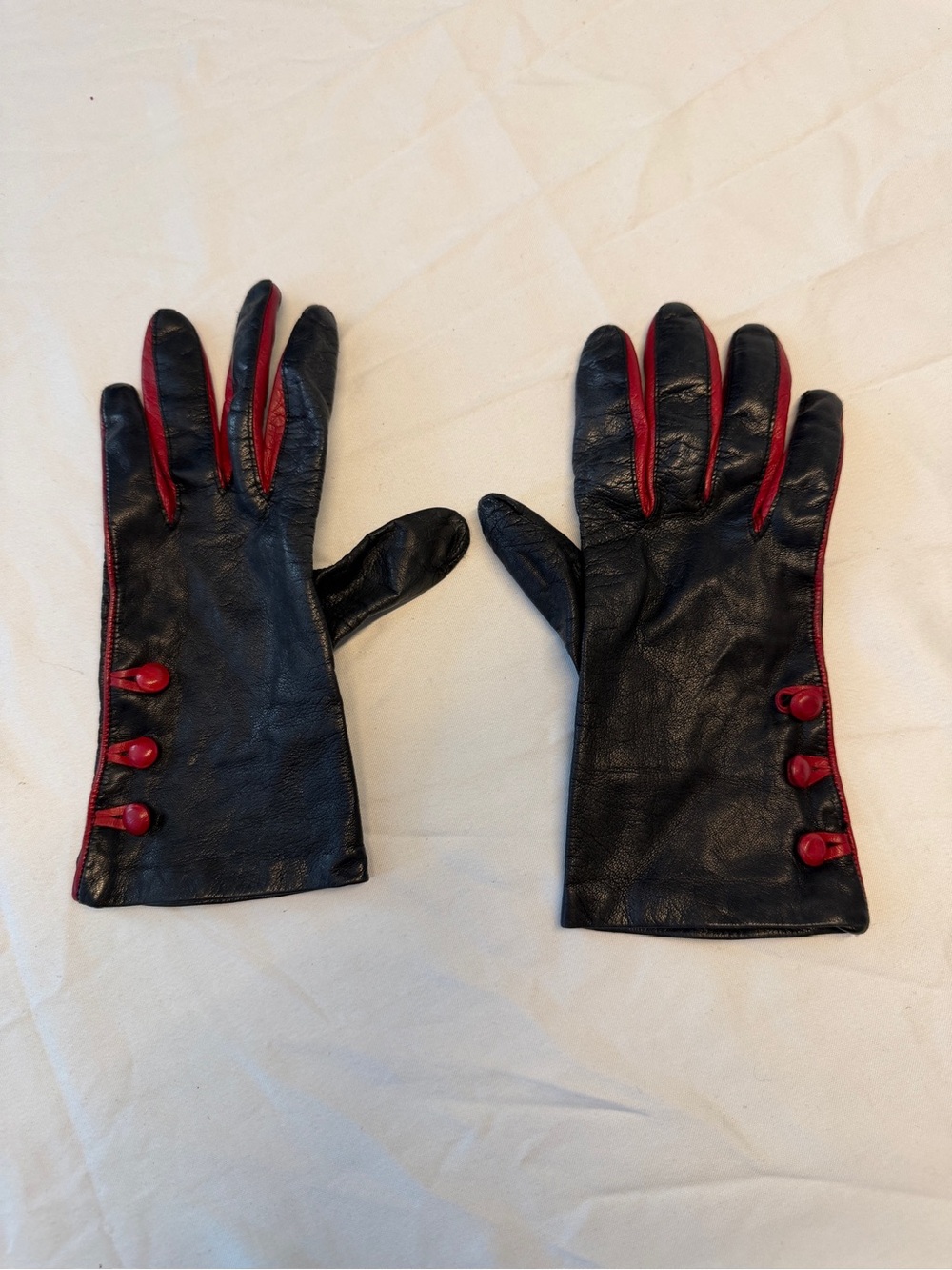 Vintage Nordstrom Made in Italy Black and Red Leather Lined and Button Gloves